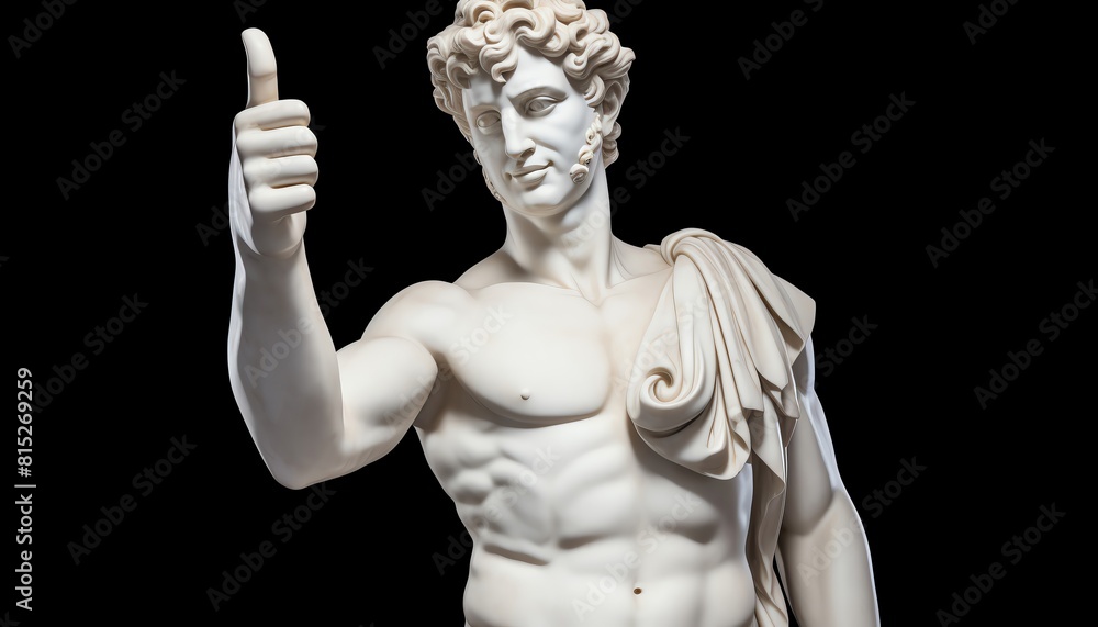 White marble statue of a mythological figure making a thumbs up gesture, subtly humorous, displayed against a clean, isolated background. White marble statue of a mythological figure making a thumbs up gesture, subtly humorous, displayed against a clean, isolated background.
