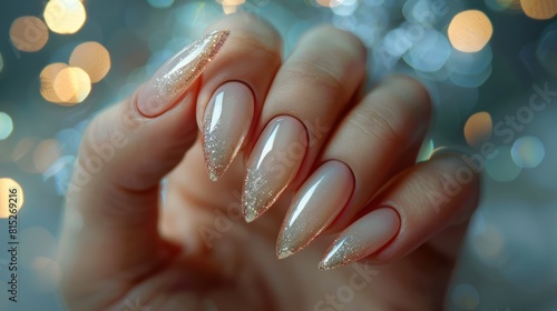 Refined French Manicure: Glamorous Hand with Beige Nail Polish in Luxury Beauty Salon Setting photo