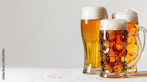 Three glasses of beer featuring lagers and ales are displayed against a crisp white backdrop evoking the festive spirit of Oktoberfest