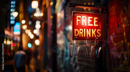 A captivating night scene featuring a vibrant red 'Free Drinks' sign illuminated on a busy city street, suggesting an inviting atmosphere for passersby