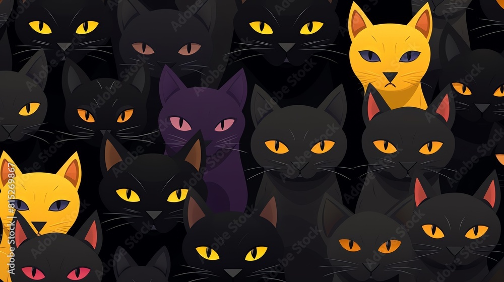A group of black cats with yellow eyes. A group of black cats with yellow eyes.
