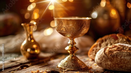 Experience the sacred ritual of Communion where the symbolic Holy Grail is served alongside unleavened bread and a chalice of wine echoing the Last Supper with the divine presence of Corpus  photo