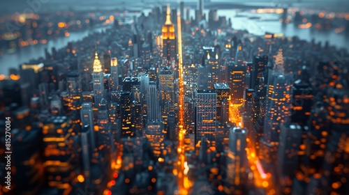 A scenic aerial view of a bustling metropolitan landscape illuminated by city lights during twilight, highlighting skyscrapers and busy streets