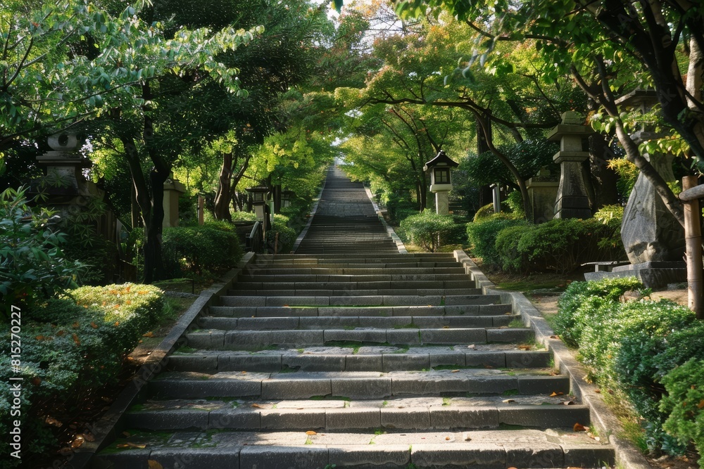 Stone steps leading up through a tranquil, sunlit green park with traditional lanterns and lush trees, evoking a sense of peace and nature Stone steps leading up through a tranquil, sunlit green park with traditional lanterns and lush trees, evoking a sense of peace and nature