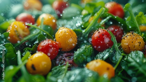 Vibrant close-up image of fresh cherry tomatoes in various colors covered with dew drops among green arugula leaves with visible spices