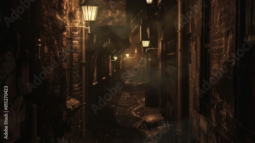 Shadowy Urban Lane with Mysterious Lanterns AI Generated.