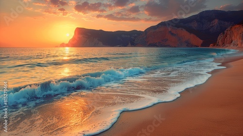 A breathtaking sunset over an idyllic beach with gentle waves softly touching a sandy shore, nestled against dramatic cliffs