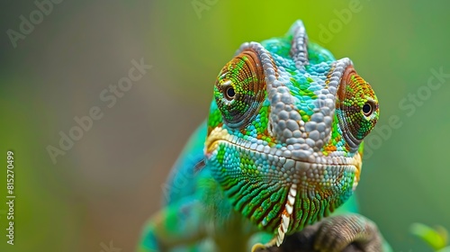 Green colored chameleon close up photo