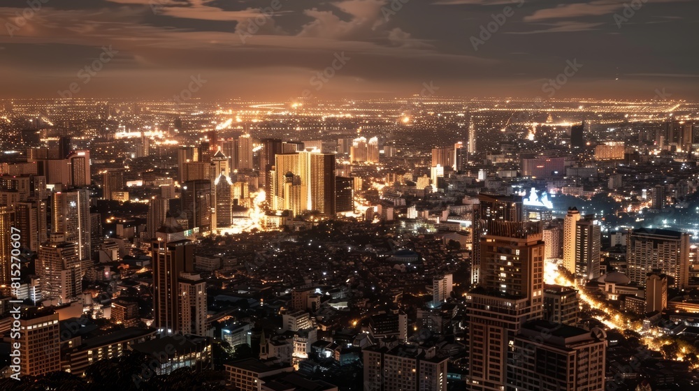 Aerial view of a bustling city skyline illuminated beautifully at night, capturing the urban tapestry of lights and architecture Aerial view of a bustling city skyline illuminated beautifully at night, capturing the urban tapestry of lights and architecture