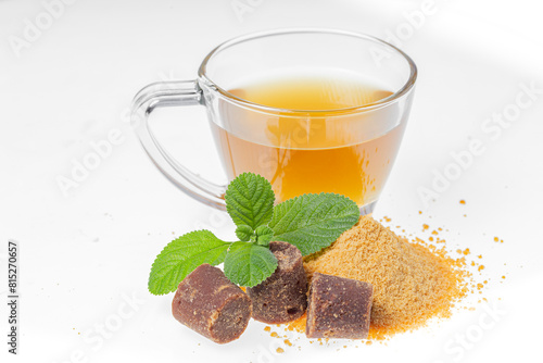 Piloncillo, ground piloncillo and piloncillo tea isolated