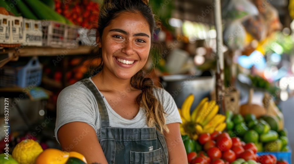 Cheerful Female Vendor Selling Fresh Produce at Stand Cheerful Female Vendor Selling Fresh Produce at Stand