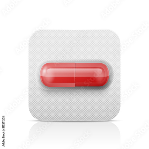 Vector Realistic Red Pharmaceutical Medical Pill, Vitamins, Capsule in Blister Closeup Isolated. Pill in Blister Packaging Design Template. Front View. Medicine, Health Concept