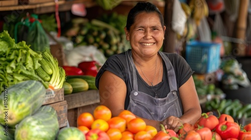 Cheerful Female Vendor Selling Fresh Produce at Stand