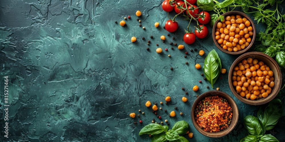A vibrant and colorful culinary arrangement featuring fresh cherry tomatoes, chickpeas, basil leaves, and herbs on a textured dark green background