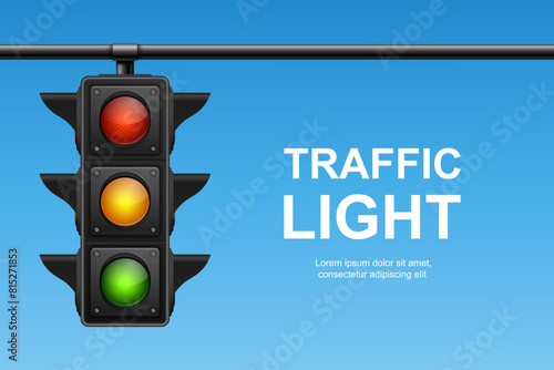 Vector Realistic Hanging Traffic Signal with Green, Yellow and Red Light. Traffic Light on Blue Sky Background