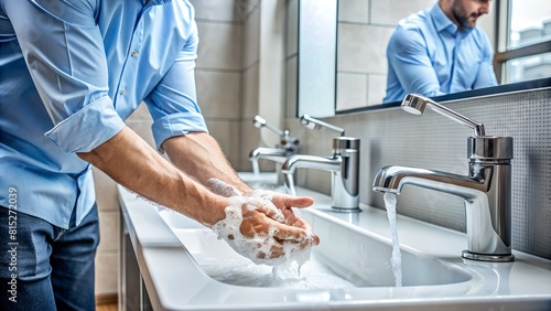 a man washing his hands in a sink with soap and water running out of it. photo