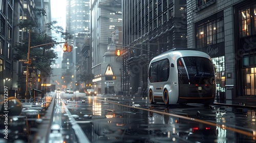 High fidelity image capturing a modern self-driving van moving along a rain-soaked street amidst towering city buildings photo