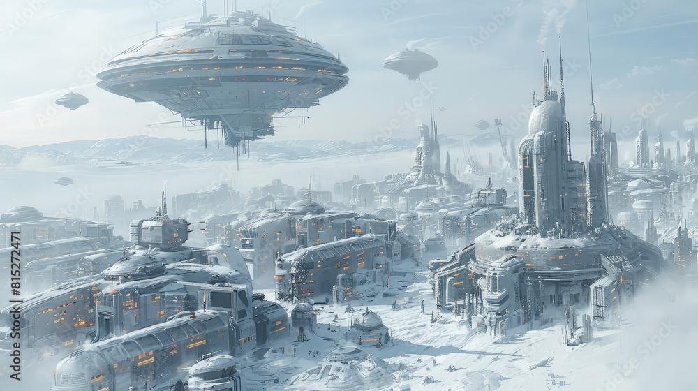 Cybernetic cityscape with floating buildings Cybernetic cityscape with floating buildings