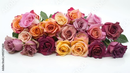 A stunning assortment of vibrant two toned roses set against a pristine white backdrop