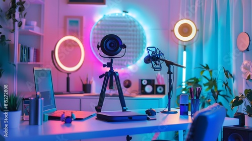 In this room of white colors, you can see a desk with a laptop, microphone, phone, an led ring lamp on a tripod, neon lights, and a streamer table with a laptop, a microphone, and a phone