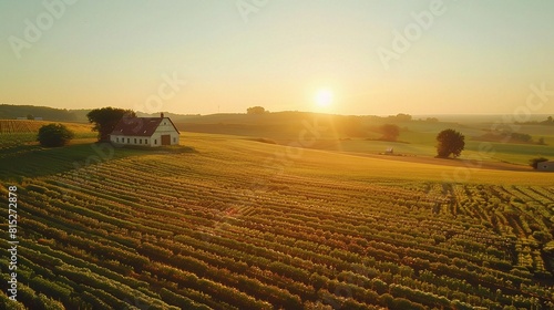 Farmland stretches out beneath the lens of an aerial camera, with fields of crops 