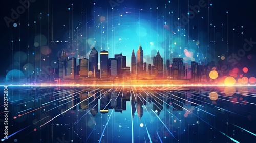 A digital painting of a cityscape at night. The city is full of skyscrapers and lights. The sky is dark and there are stars in the sky. The city is reflected in the water.