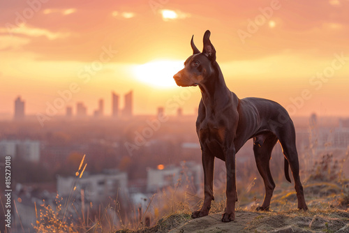 A Doberman Pinscher standing on top of a hill during sunset, with the city skyline in the far distance. © Glenn Finch