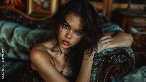 A captivating close-up portrait of a young woman with striking eyes and dark wavy hair, posing thoughtfully in an ornately decorated room © aicandy