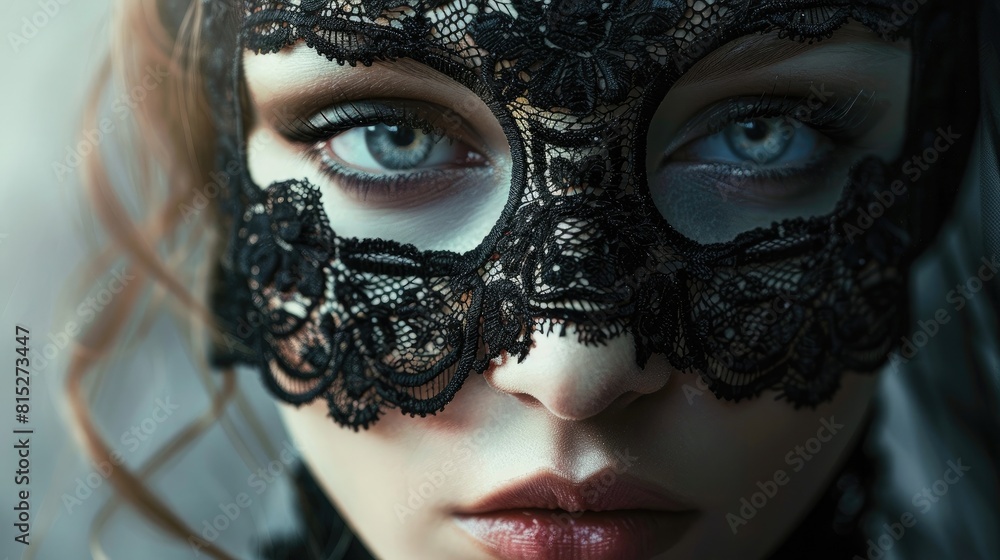 Beautiful Woman with Black Lace mask over her Eyes realistic