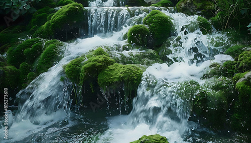 photo of the movement of a waterfall flowing over moss-covered rocks