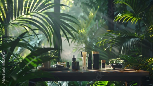 Jungle table background. Interior table for a cosmetic item against the backdrop of tropical plants  palms and jungle.