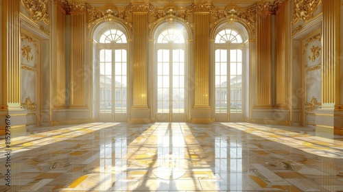 golden ballroom with a large window  large floor in gold palace. Neoclassical style  lavish rococo baroque setting. Ballroom background  palace of versailles  detailed classical architecture