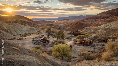 Sunset view of Calico Ghost Town, a silver mining town founded in 1881 in California's Mojave Desert. photo