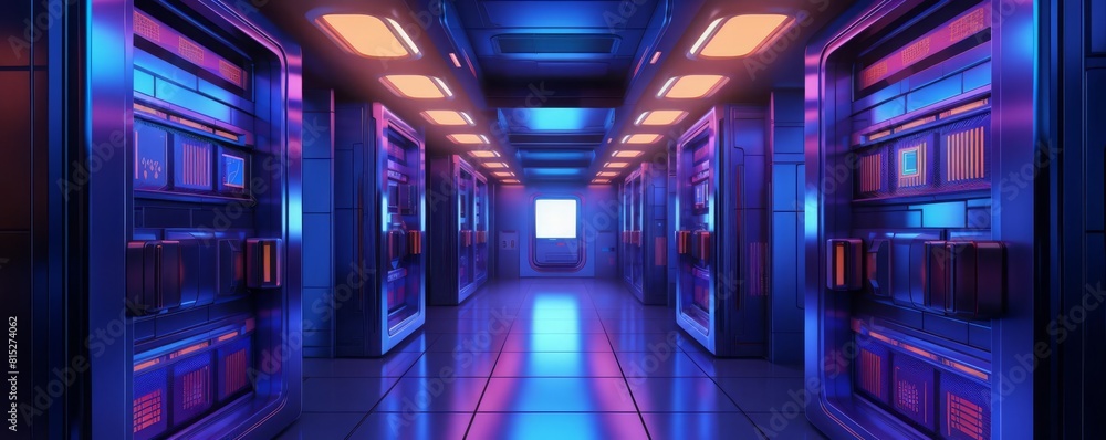 A futuristic spaceship interior with a long corridor lit by bright neon lights. The walls are lined with metal panels and there is a door at the end of the corridor. A futuristic spaceship interior with a long corridor lit by bright neon lights. The walls are lined with metal panels and there is a door at the end of the corridor.