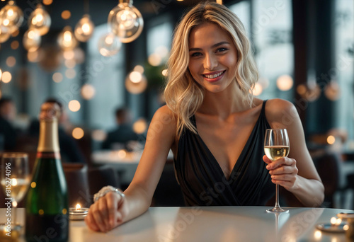 Smiling woman in evening dress with glass in hand in blurred background photo