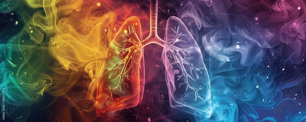 Fototapeta premium A colorful illustration of healthy lungs surrounded by dark, ominous smoke clouds, depicting the harmful effects of smoking and the importance of preserving lung health