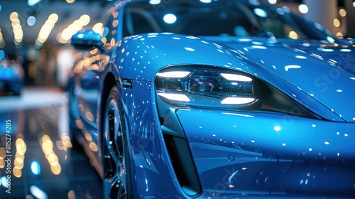Blue Electric Luxury Car with Modern Technology and Shiny Headlight at Automotive Industry Show © hisilly