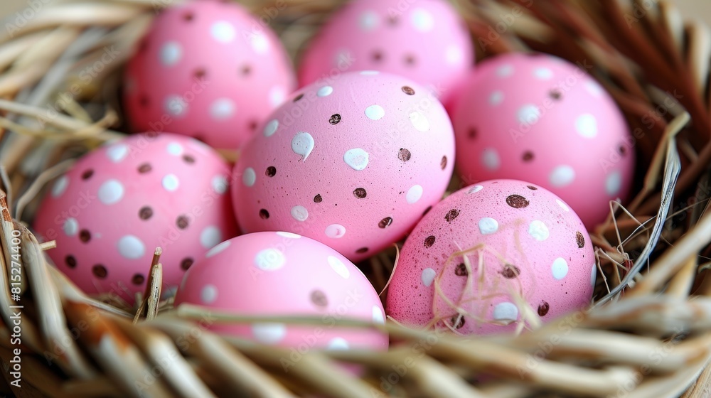 Close-Up Image of Pink and White Polka Dotted Easter Eggs Nestled in a Wicker Basket Among Straw, Symbolizing Springtime Celebrations Close-Up Image of Pink and White Polka Dotted Easter Eggs Nestled in a Wicker Basket Among Straw, Symbolizing Springtime Celebrations