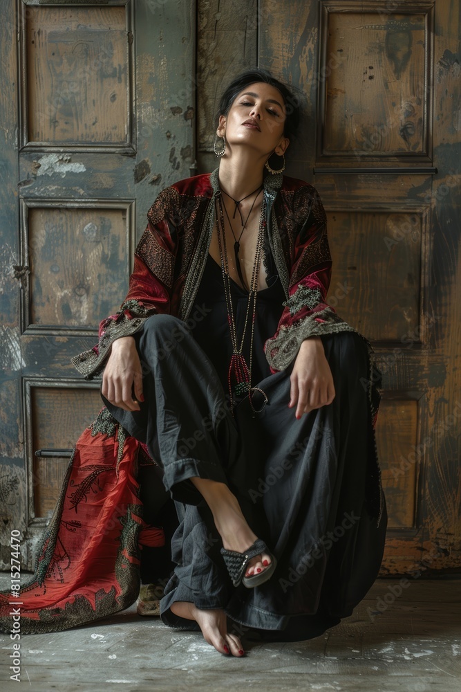 A stunning portrayal of a woman in a richly decorated ethnic wear sitting in a rustic room, exuding a powerful mix of tradition and contemporary style A stunning portrayal of a woman in a richly decorated ethnic wear sitting in a rustic room, exuding a powerful mix of tradition and contemporary style