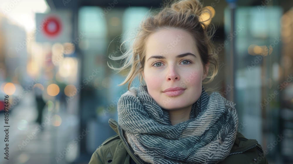Portrait of a Young Woman Wearing a Scarf and Jacket in a Busy Urban Setting, Capturing the Essence of Modern City Life Portrait of a Young Woman Wearing a Scarf and Jacket in a Busy Urban Setting, Capturing the Essence of Modern City Life