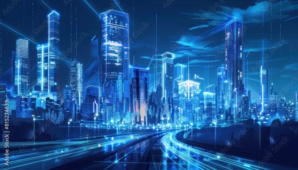 A Nighttime View of a Futuristic City Illuminated by Bright Blue Lights Amidst Urban Greenery. Generative AI A Nighttime View of a Futuristic City Illuminated by Bright Blue Lights Amidst Urban Greenery. Generative AI