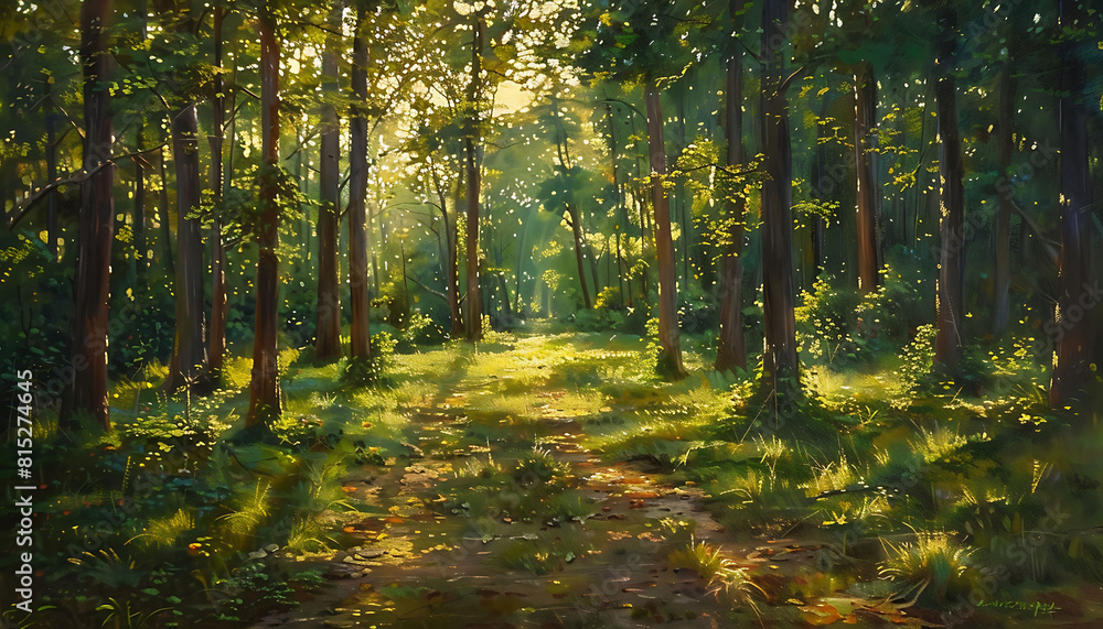 illustration of the dance of sunlight and shadow in a quiet forest glade