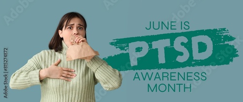Stressed woman with paper bag having panic attack on blue background. Post-Traumatic Stress Disorder Awareness Month