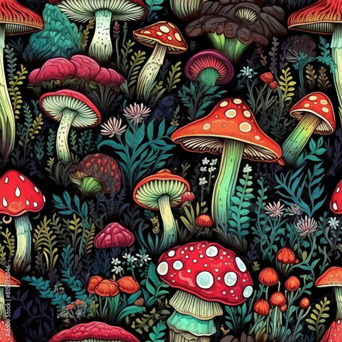 Seamless pattern with vivid mushrooms on dark background. Great for fabrics, wrapping papers, wallpapers, covers. Fall textile print with fly agaric.