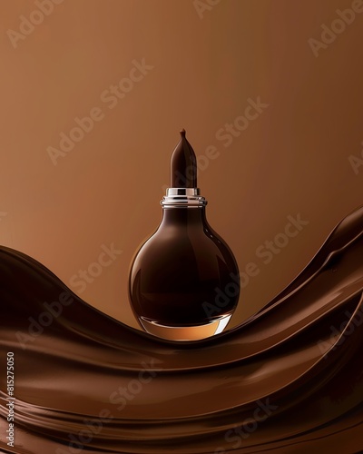 3D rendering of a chocolate perfume bottle on a flowing chocolate surface.