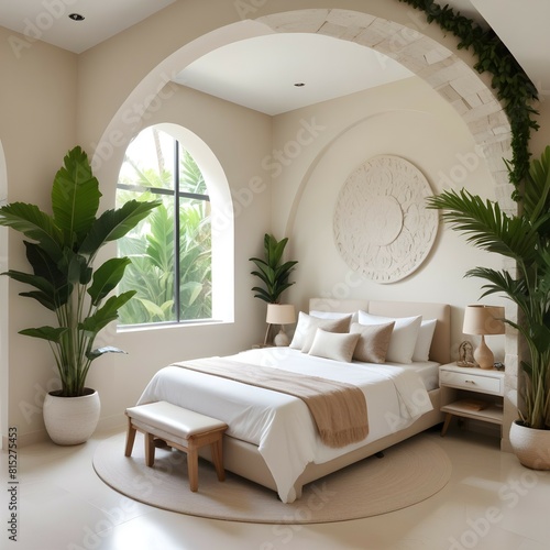 Ultra realistic  photo of Modern take on upscale bali inspired small condo white beige tan stone round arches interor view of  bedroom withtropical foliage © S8