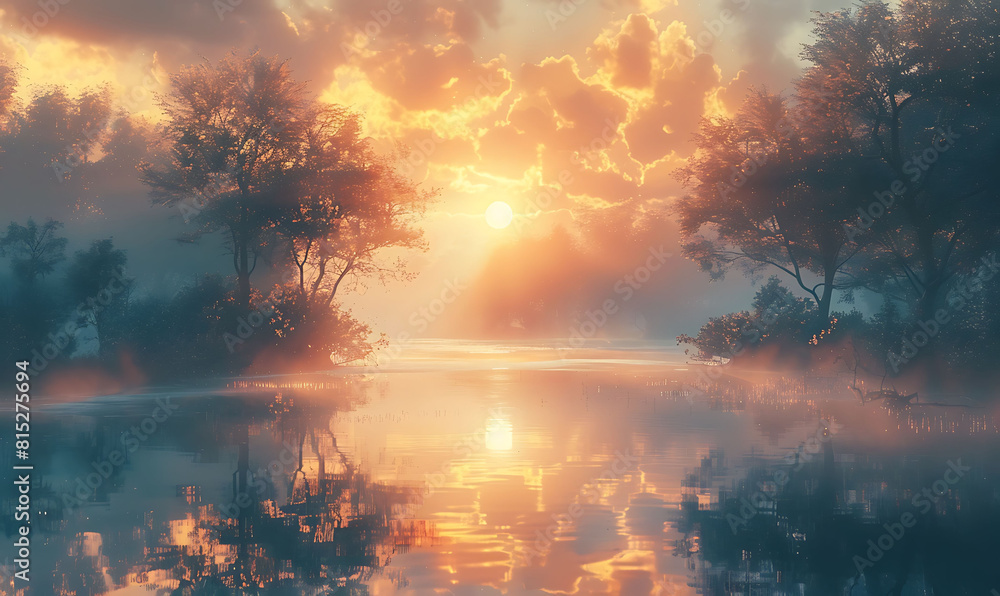 Fototapeta premium Highlight the tranquility of a mist-covered lake at sunrise