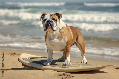 A sturdy English Bulldog standing on a surfboard at a sandy beach, with waves gently crashing behind.