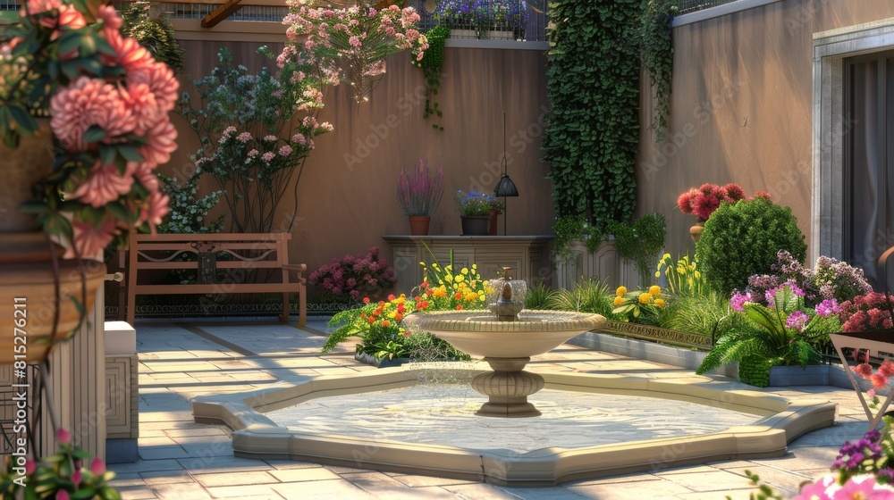 Serene Rooftop Garden with Tranquil Fountain