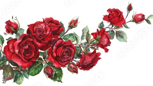 A beautiful bouquet of red roses arranged in a watercolor corner composition